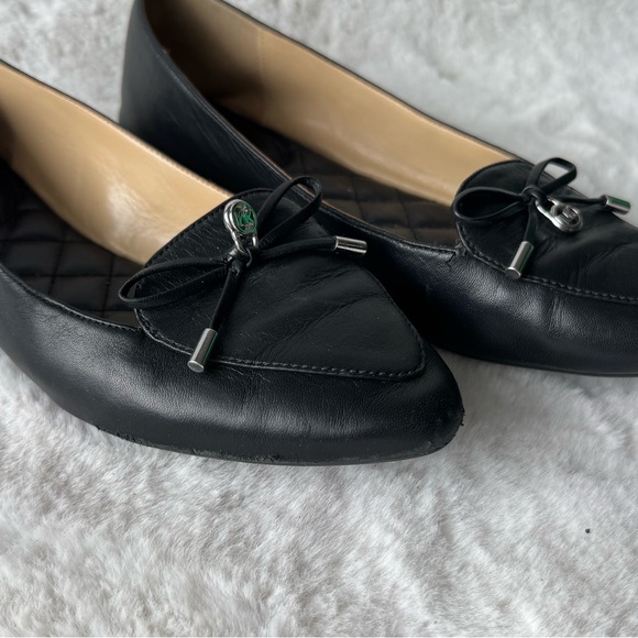 Michael Kors Black Leather Pointed-Toe Bow Flats with Logo Charm - Picture 2 of 5